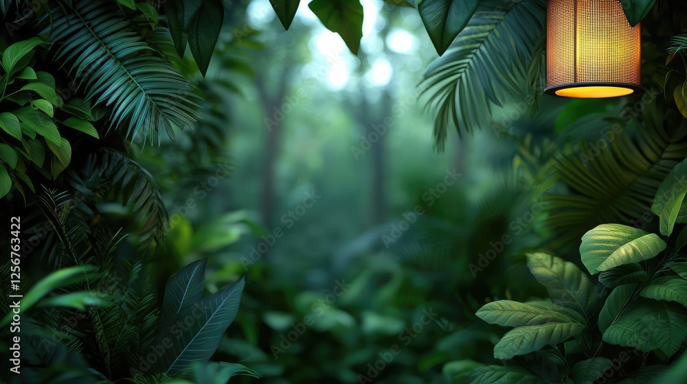 Poster glow forest concept. lush green foliage illuminated by a serene lantern in a tranquil forest setting