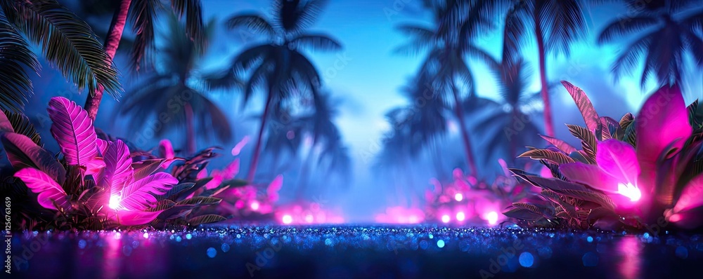 Poster glow forest concept. vibrant flowers glowing in a serene tropical setting with palm trees and blue a