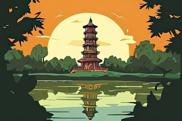 an AI Image Generator, Traditional Pagoda Surrounded by Lush Greenery