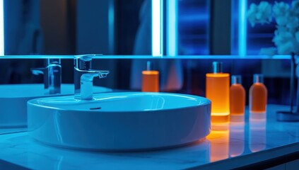 Modern Bathroom Sink with Blue and Orange Lighting