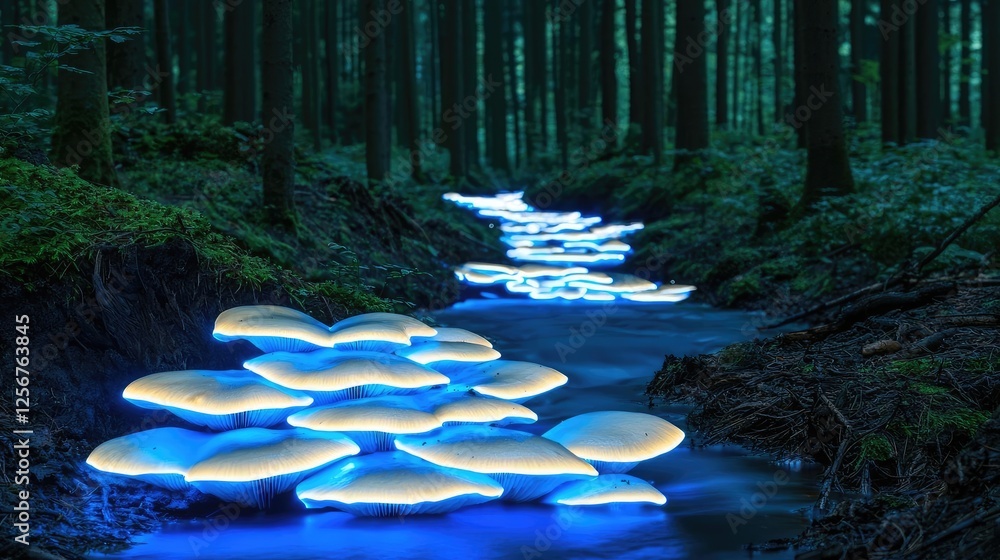 Poster Glow forest concept. Illuminated mushrooms create a surreal scene in a tranquil forest stream at night.