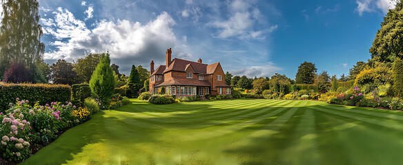 A large house with a green lawn and a flower garden