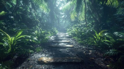 Glow forest concept. A serene forest path surrounded by lush greenery and vibrant foliage awaits discovery.