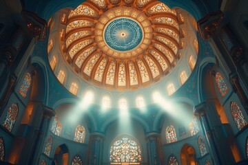Obraz premium Mosque Dome, Sunlight Beams, Interior, Worship, Spirituality, Architecture, Religious, Peace, Tranquility