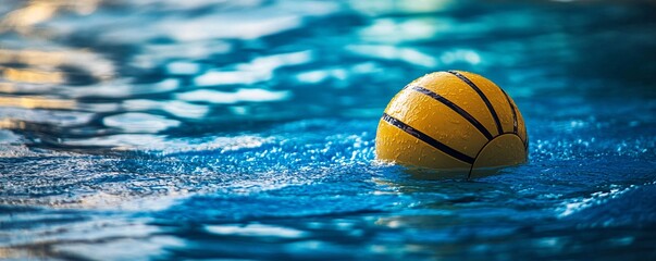 Floating yellow water polo ball on the surface of a swimming pool, with the blue water reflecting the sunset