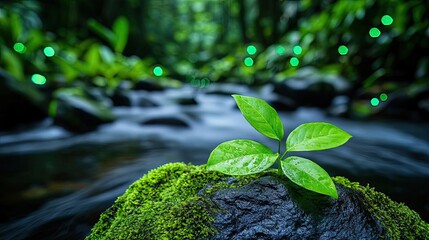 Glow forest concept. A vibrant green plant thriving on a mossy rock near a serene flowing stream.