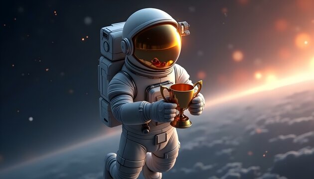 Astronaut Holding Trophy Floating in Space
