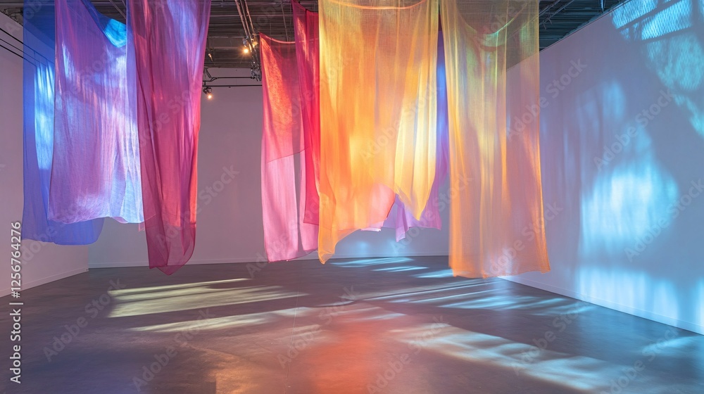 Aufkleber colorful transparent curtains hanging from ceiling creating colorful shadows on floor