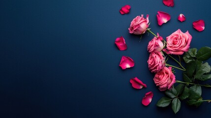 Elegant pink roses with petals on a dark background