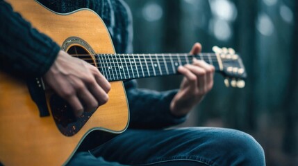 Fototapeta premium Close-up of a person playing acoustic guitar in nature