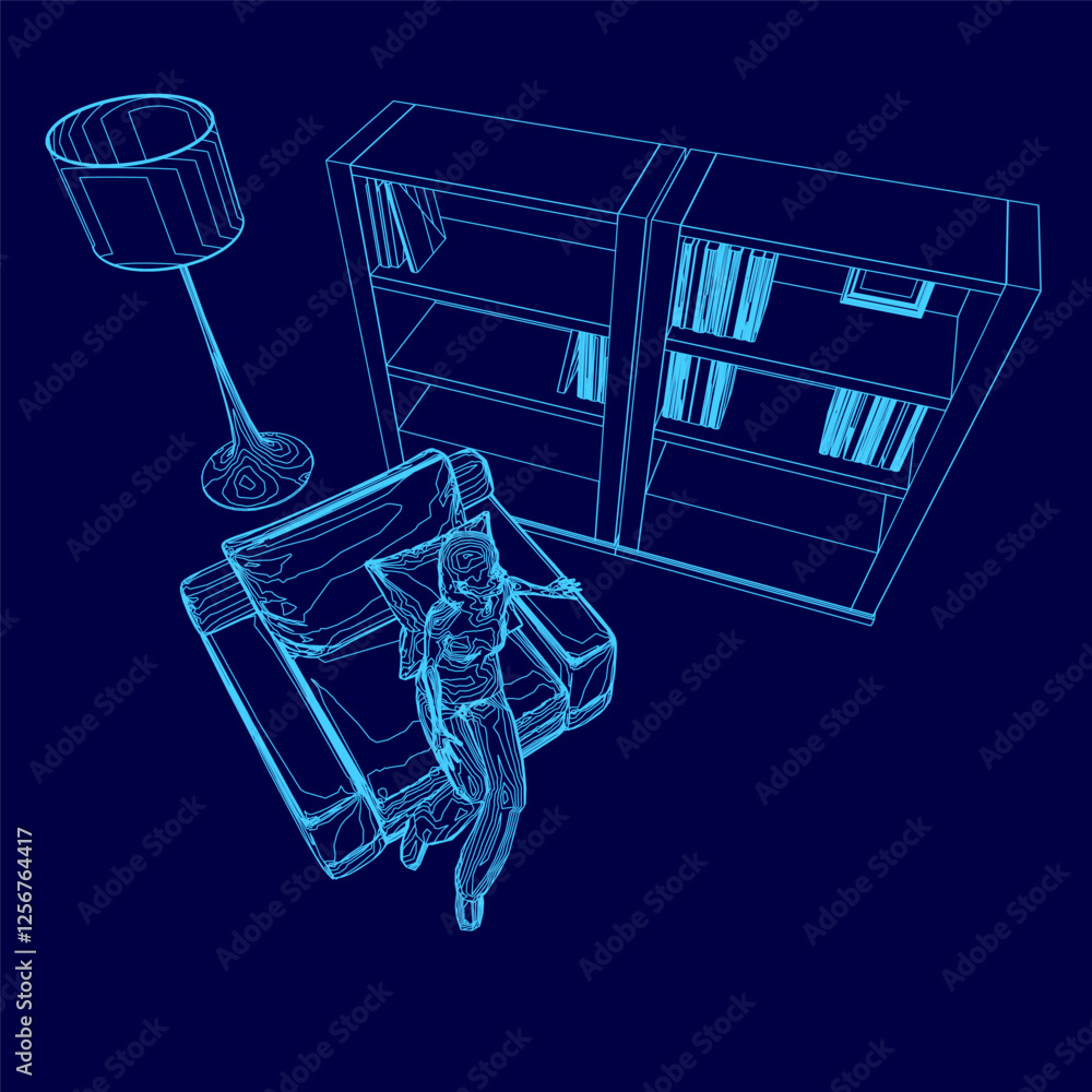 Poster a person is sitting in a chair in front of a bookshelf. the bookshelf is filled with books and a lam