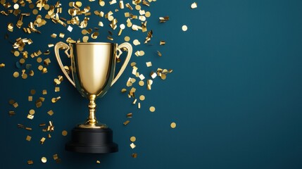 Golden trophy with confetti on a teal background