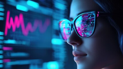 Woman analyzing data through futuristic glasses