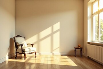 Fototapeta premium Sunlight streams into a tranquil room, illuminating an antique chair and small table, creating a serene and peaceful atmosphere