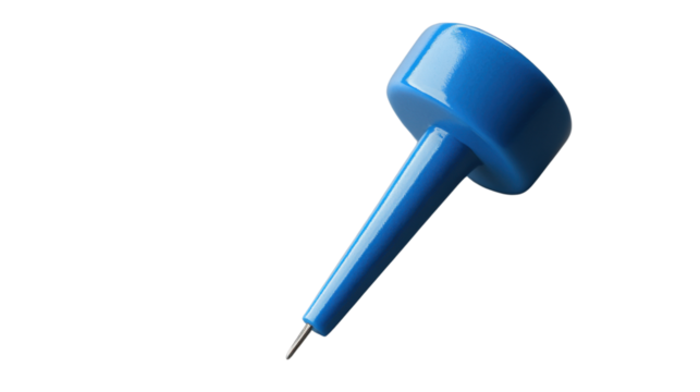 Blue push pin on transparent background with metal tip pointing downward
