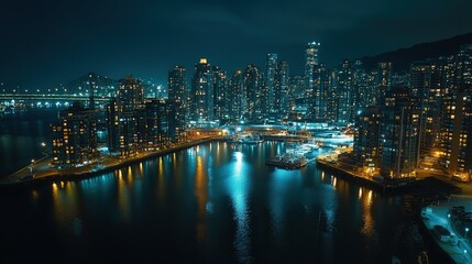 thriving coastal city at night, with shimmering lights from the cityscape and the water reflecting the urban glow,