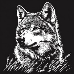 Fototapeta premium Wolf portrait on black background with grass, for print or digital use