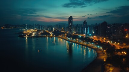 Fototapeta premium thriving coastal city at night, with shimmering lights from the cityscape and the water reflecting the urban glow,