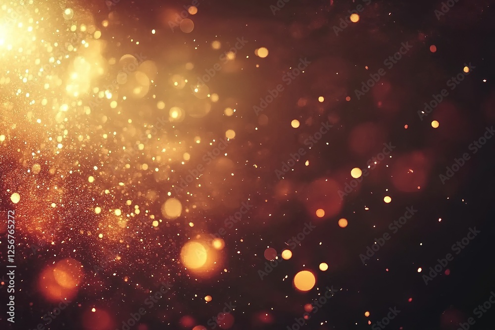 Poster golden sparkles and bokeh lights illuminate a dark background