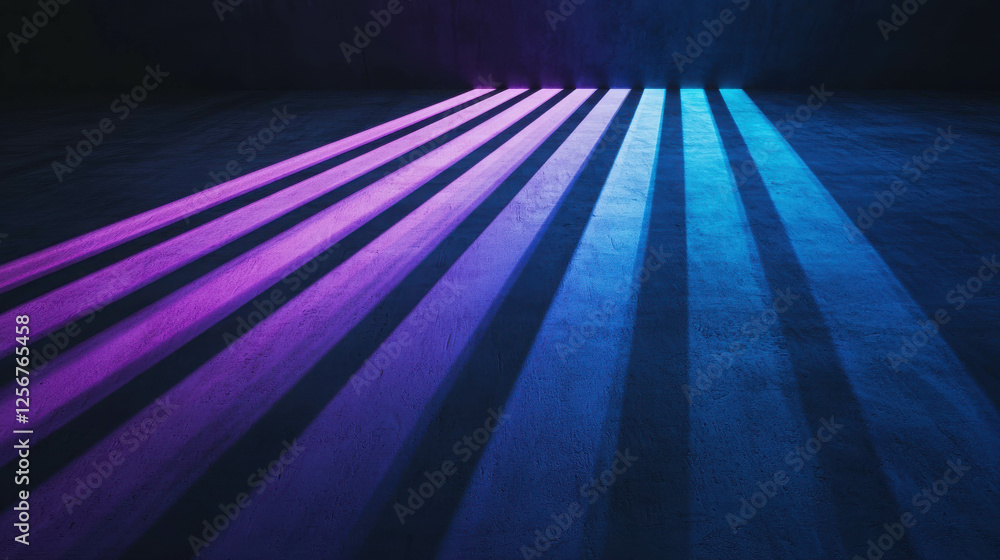 Poster cascading beams of light in soft gradient of purple and blue over a textured surface