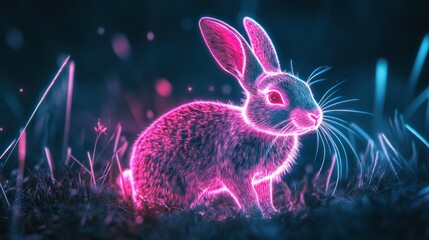 Neon rabbit in glowing grass, night scene, digital art, wallpaper