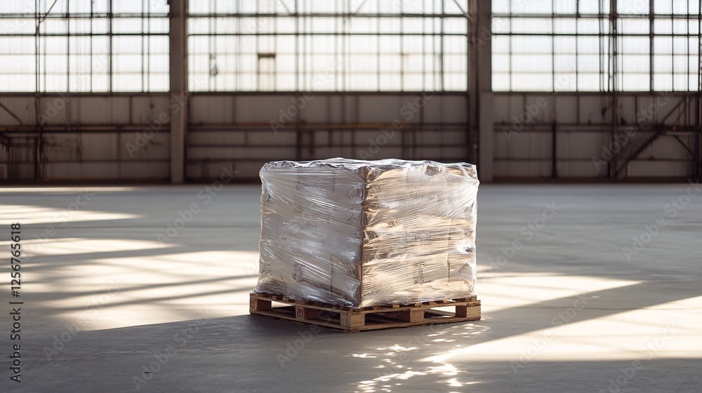 Poster stack of cardboard boxes wrapped in plastic sitting on a pallet in a warehouse
