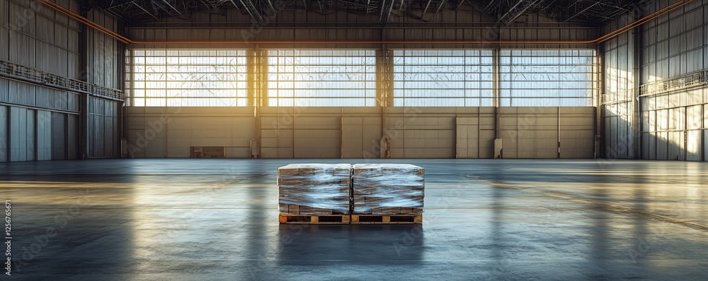 Poster two pallets with cardboard boxes standing in empty warehouse