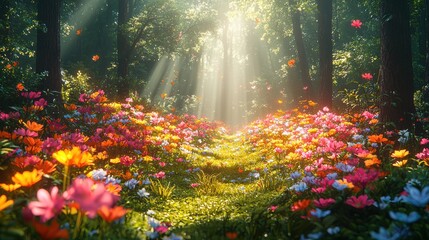 Vibrant Flower Meadow in Sunny Forest