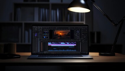 Fototapeta premium Nighttime Video Editing on Laptop