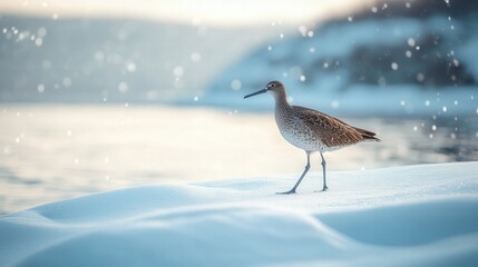 Obraz premium flat-billed bird walking along the snow-covered shore, with the peaceful winter landscape in the background.