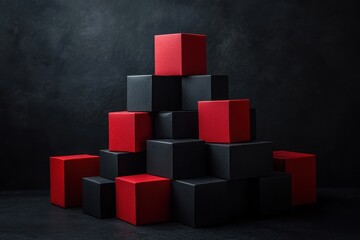Red and black cubes form a pyramid shape against a dark background. Illustrates contrast, balance, and structure, ideal for business concepts.