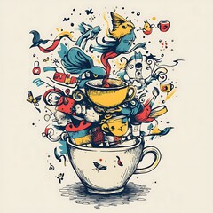 Abstract coffee cup with whimsical elements
