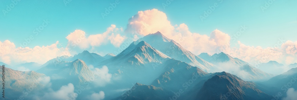 Poster majestic mountain range under soft clouds in a serene blue sky for serene reflections and peaceful m