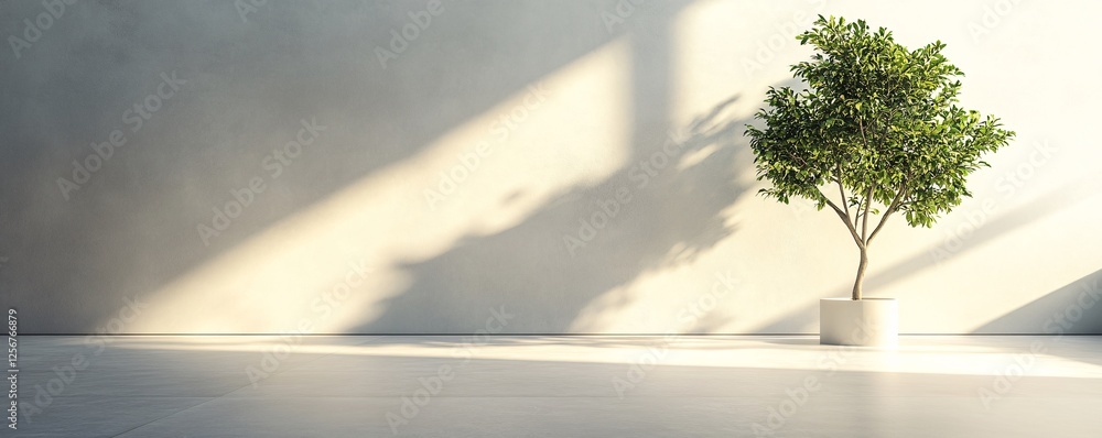 Aufkleber minimalist bright interior with potted tree casting shadow on empty wall