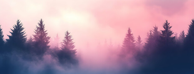 Fototapeta premium Misty sunrise forest, pink sky. Nature wallpaper