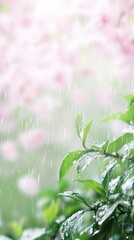 Fototapeta premium Fresh green tea leaves adorned with raindrops, embodying the essence of spring's renewal and serenity. 