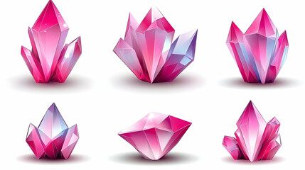 Pink crystals, gemstone collection, white background, game assets