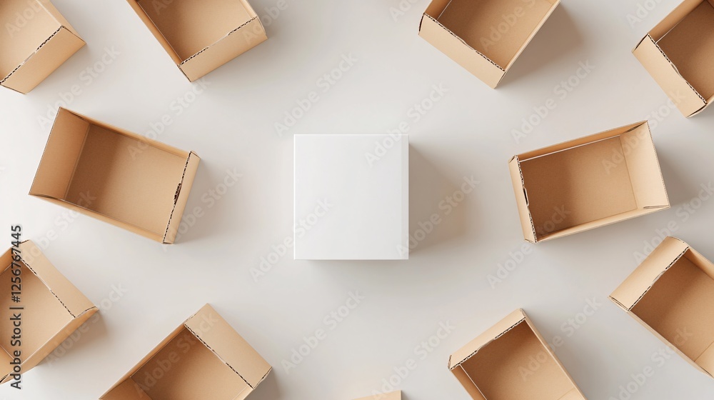 Poster white closed box surrounded by open brown boxes on white background
