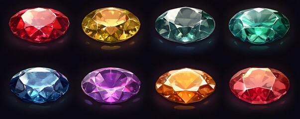Colorful gems, dark background, game asset