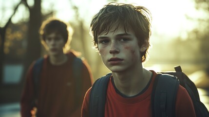 Naklejka premium Injured boy, friend, park, sunset, film