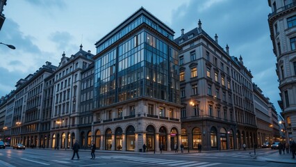 Obraz premium A captivating street scene at twilight, showcasing a modern glass-fronted building nestled amidst a row of elegant, historic European buildings.