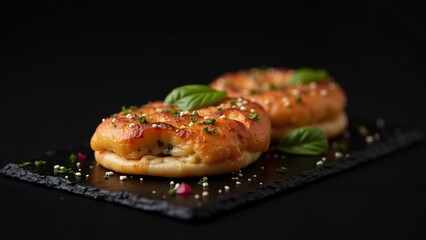 Delicious Baked Sesame Bread Rings with Creamy Filling and Fresh Basil Garnish on Black Slate Plate