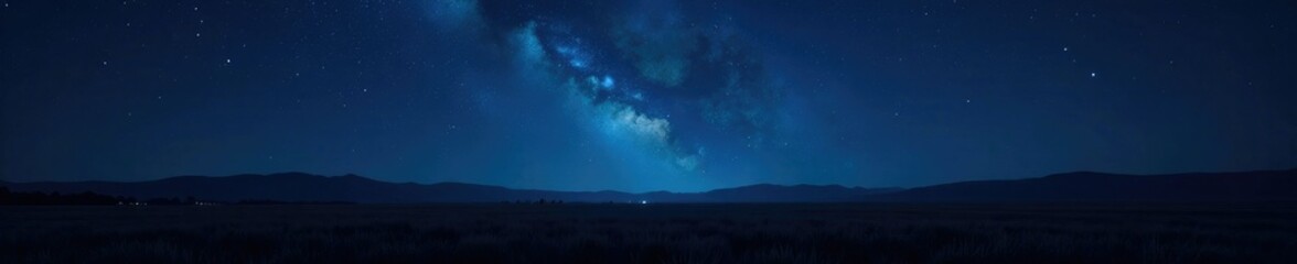 Naklejka premium A dark navy night with numerous stars appearing like tiny lights across the vastness of an empty field, empty landscape, stars