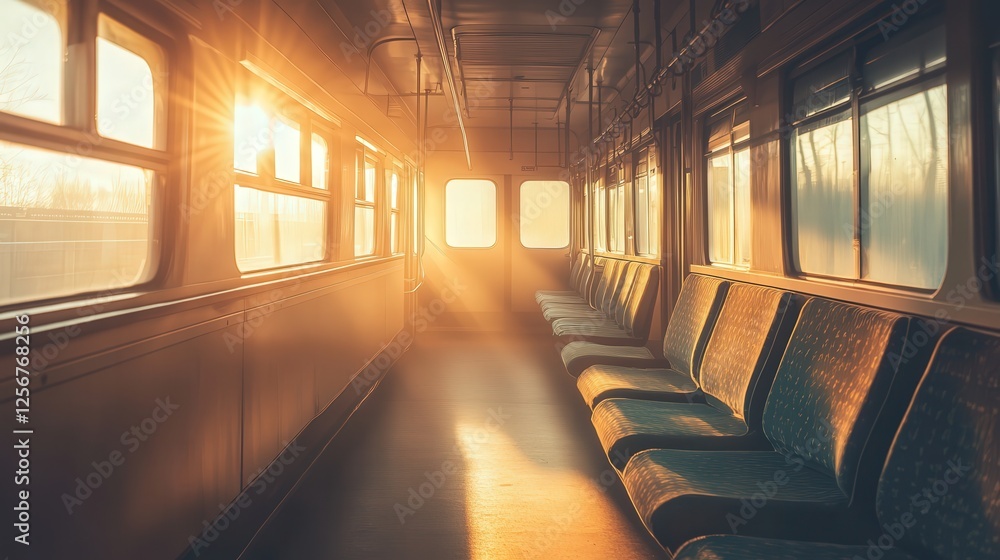 Poster empty train, with sunlight streaming in through the windows, creating a calm and serene atmosphere a