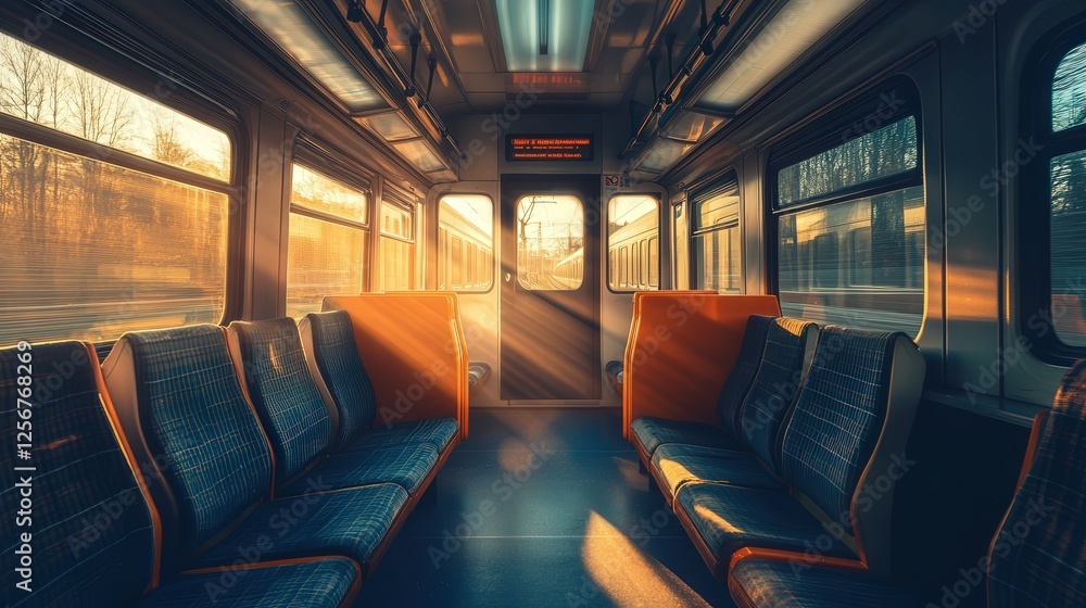 Aufkleber empty train, with sunlight streaming in through the windows, creating a calm and serene atmosphere a