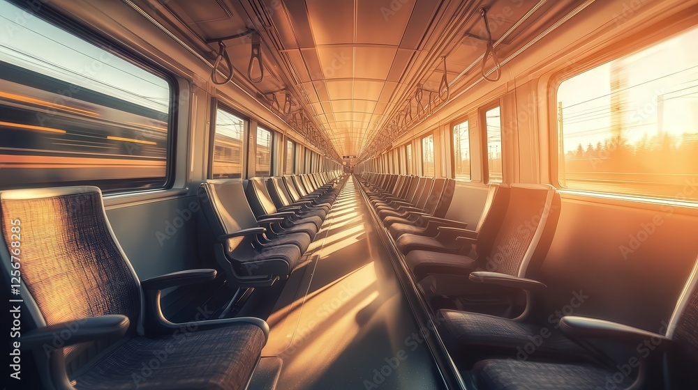 Poster empty train, with sunlight streaming in through the windows, creating a calm and serene atmosphere a