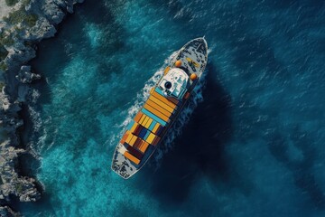 Aerial View of Cargo Ship with Colorful Containers Floating on Turquoise Waters Near Rocky Shoreline