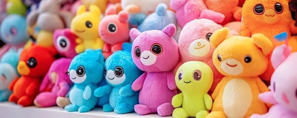 Fototapeta premium Colorful plush toys sitting on a shelf