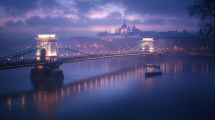 Budapest Chain Bridge illuminated at dusk, with the bridge's ornate details highlighted by the warm light and reflected on the river.