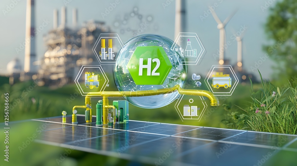 Aufkleber innovative clean energy infrastructure blending hydrogen and solar power in vibrant green setting